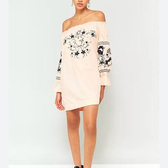 Free People Peach Navy Floral Embroidered Off Shoulder Mini Tunic Dress - Picture 2 of 16